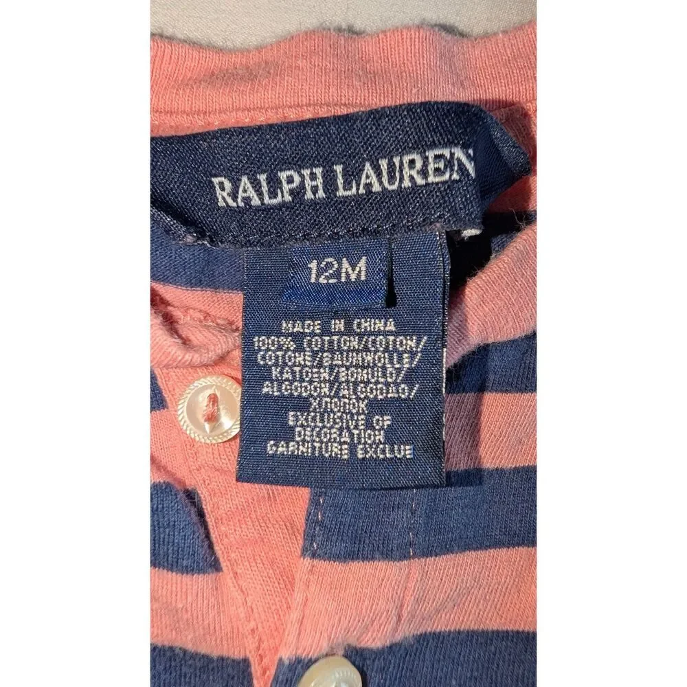 Ralph Lauren Baby Girls 12M Pink Navy Striped Cotton Dress Preppy Nautical